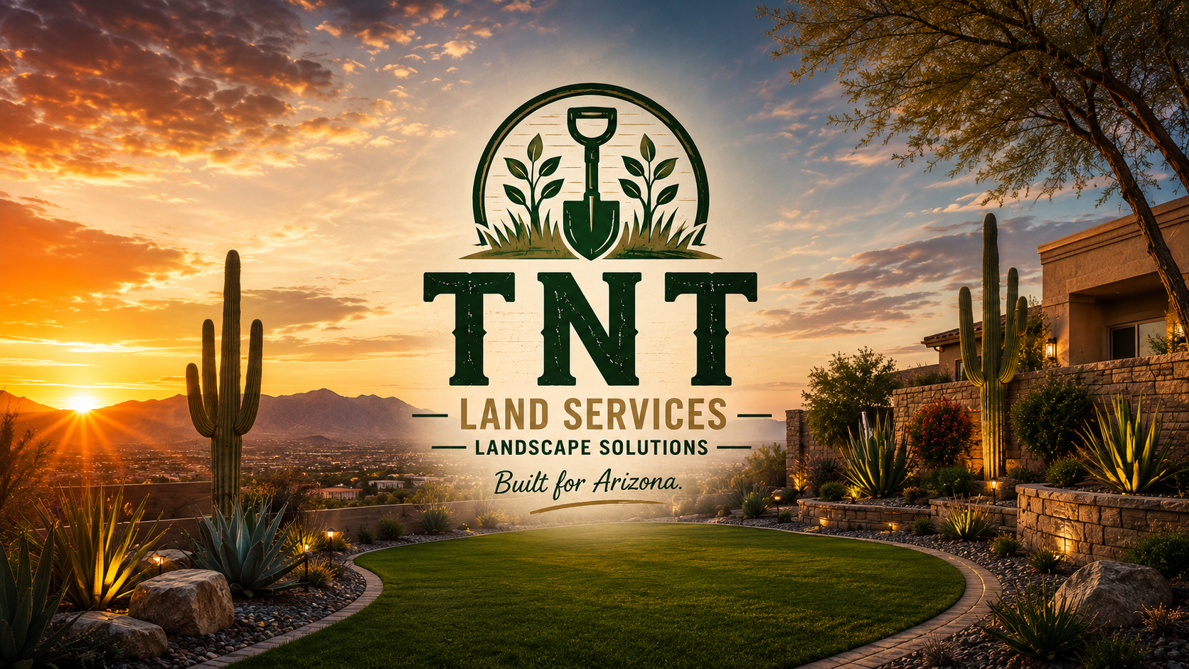 TNT Land Services — Arizona desert landscape at sunset with saguaros and manicured lawn