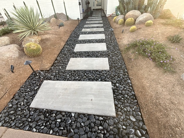 Arizona desert landscape with decorative gravel pathway and cactus by TNT Land Services