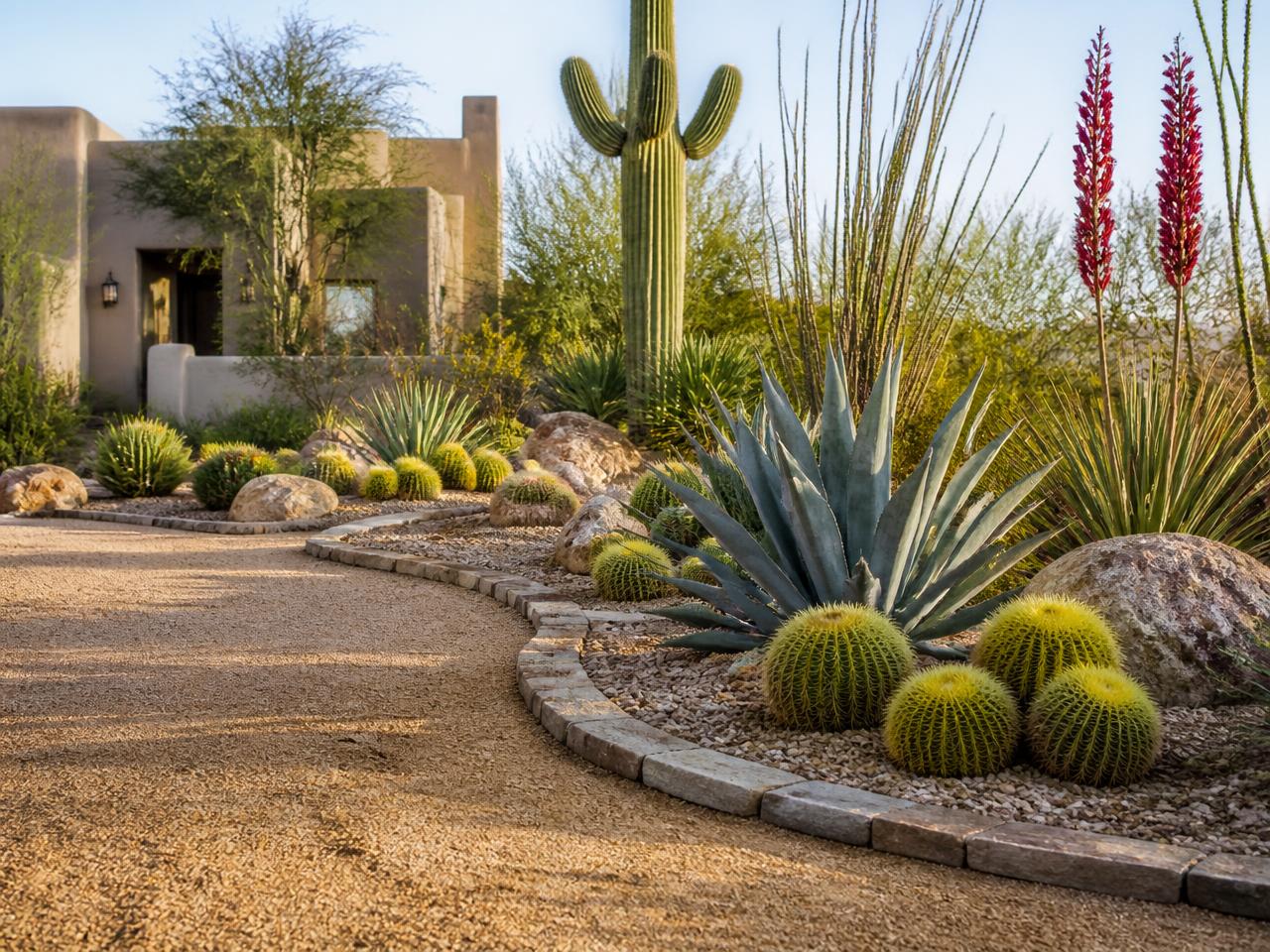 Modern Arizona desert landscape design with agave, cactus, and decorative granite gravel
