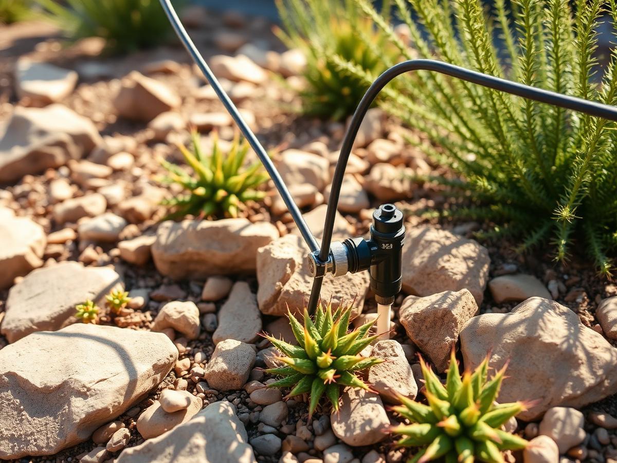 Drip irrigation line and sprinkler head watering desert plants in a gravel bed