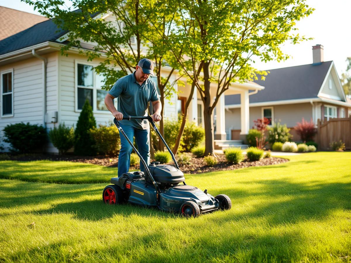Crew mowing and edging a green Arizona lawn during a weekly maintenance visit
